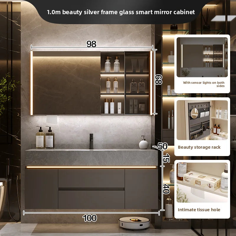 Bathroom Cabinet with Rock Plate Integrated Basin