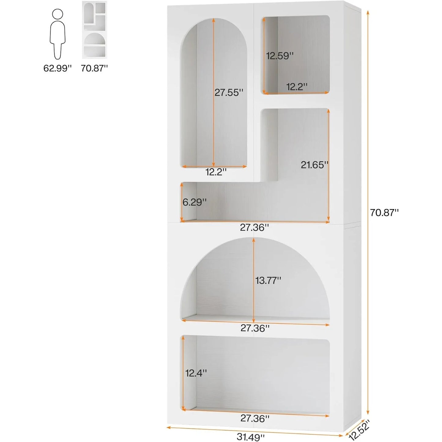 White Arched Bookcase, 70.87" Tall Geometric Bookshelf
