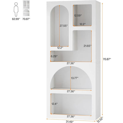 White Arched Bookcase, 70.87" Tall Geometric Bookshelf