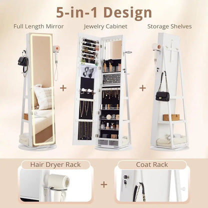 LED Mirror Jewelry Cabinet Standing, 360° Swivel