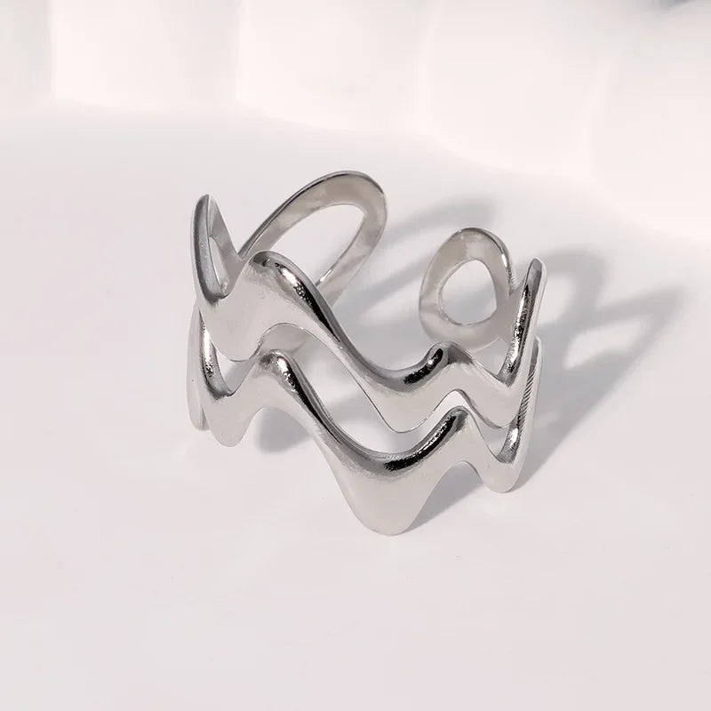 Stainless Steel Irregular Wave Rings, Adjustable Opening