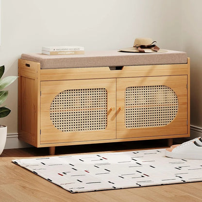 Rattan shoe storage bench, bamboo entryway bench