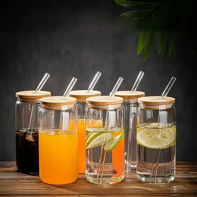 Drinking Glasses with Bamboo Lids, Glass Straw