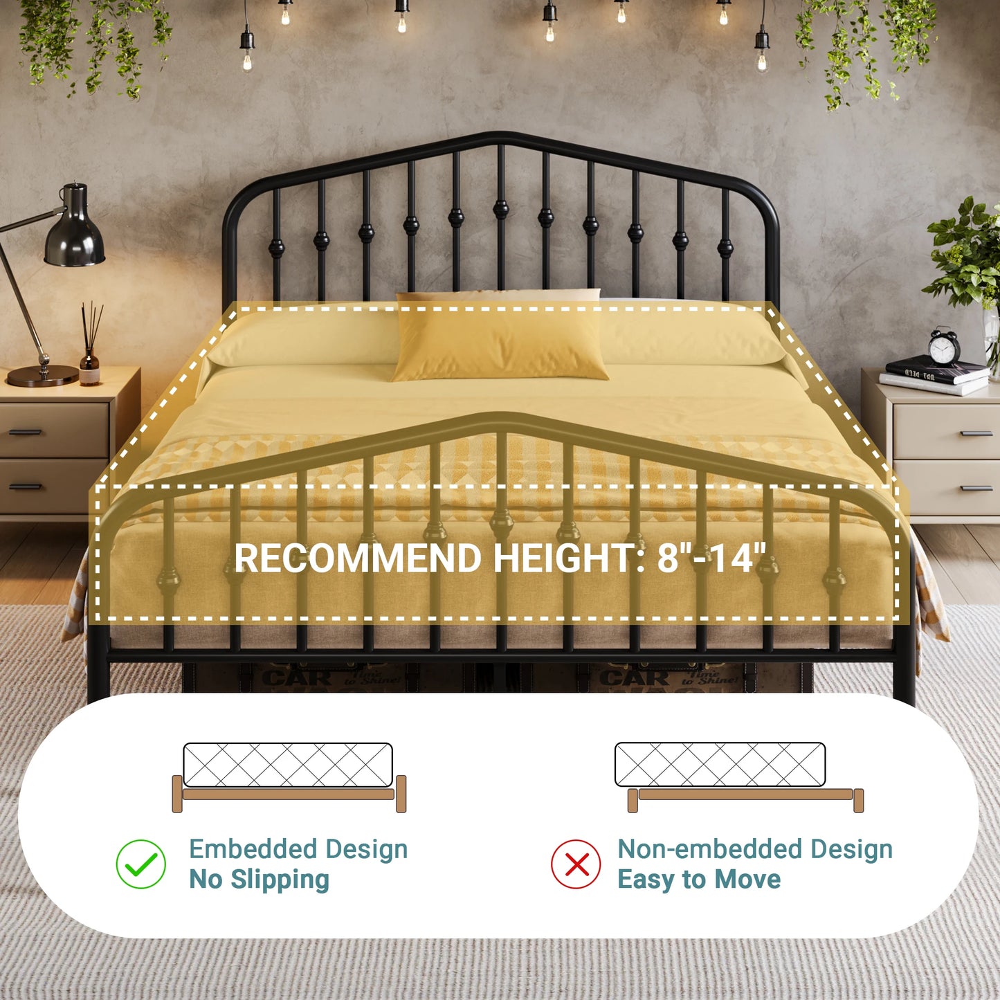 14'' Metal Bed Frame with Headboard & Footboard