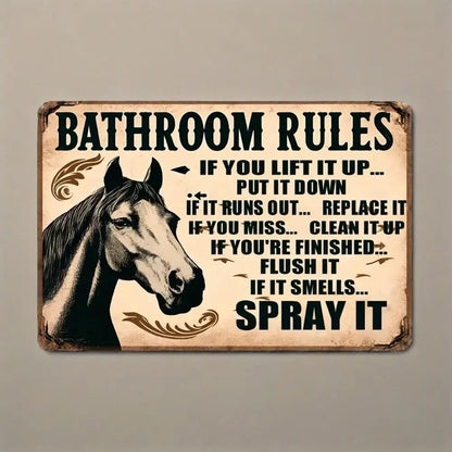 Vintage Horse Illustration Bathroom Rules Tin Sign