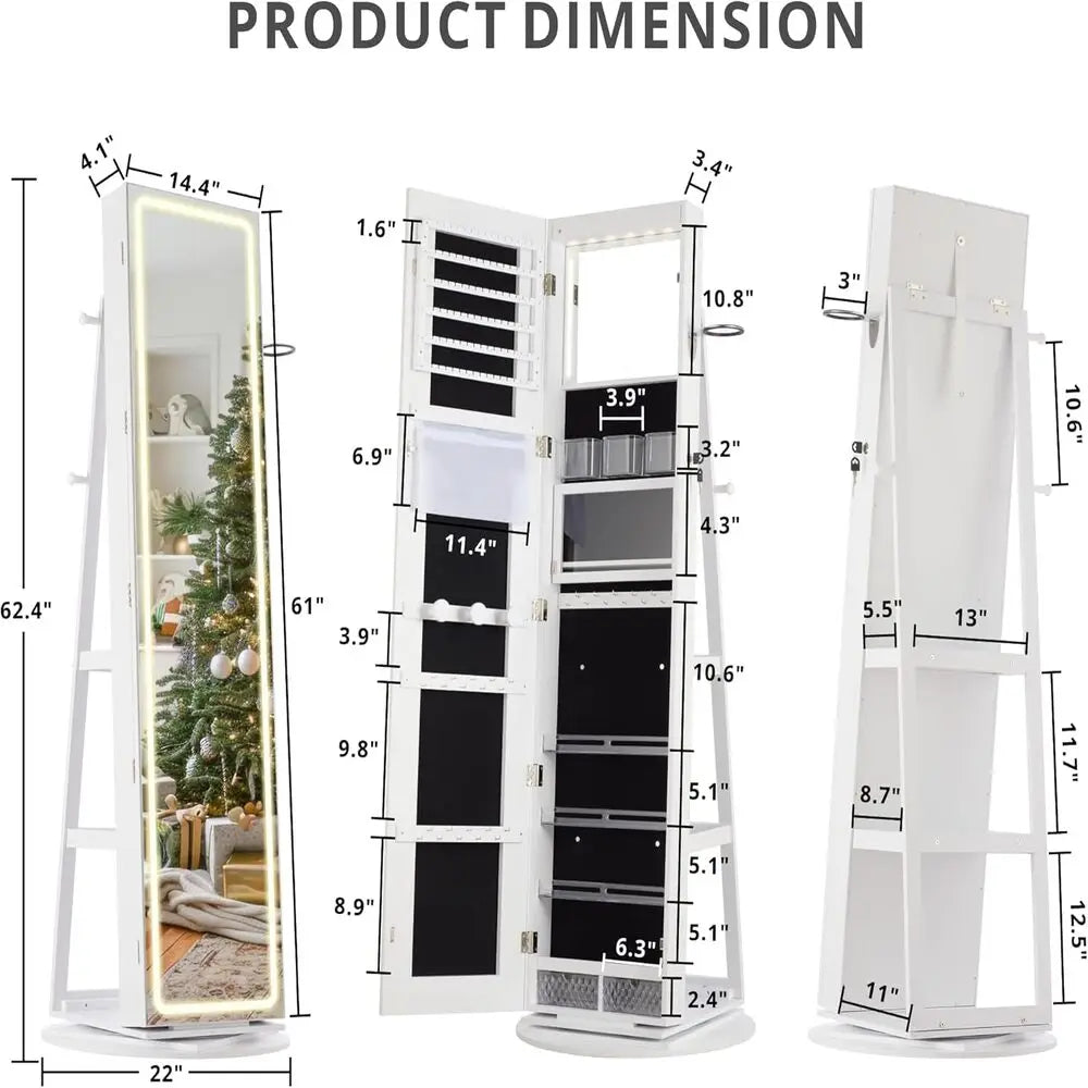 LED Mirror Jewelry Cabinet Standing, 360° Swivel