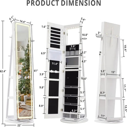 LED Mirror Jewelry Cabinet Standing, 360° Swivel