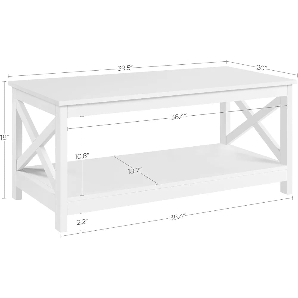 Wood 2-Tier White Coffee Table with Storage