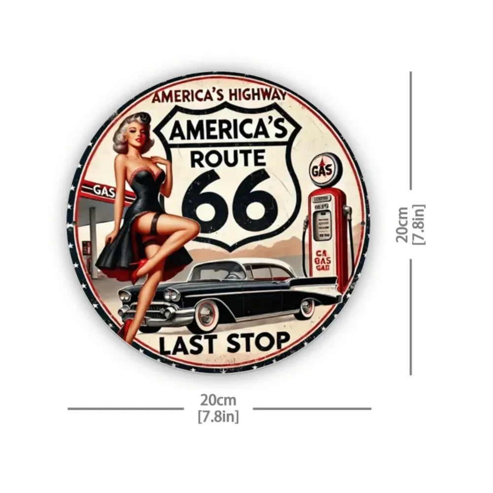 Round Vintage Route 66 Metal Sign Art