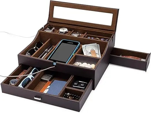 Large Leather Valet Box Organizer Charging Station