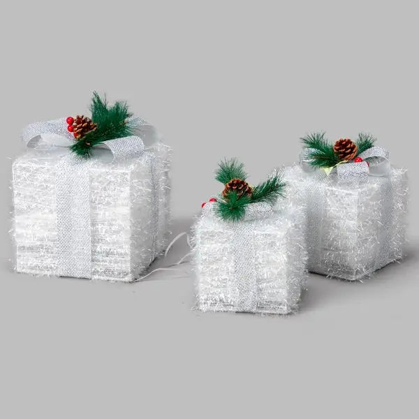 3-Piece White Lighted Gift Box Christmas Decorations
