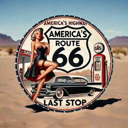 Round Vintage Route 66 Metal Sign Art