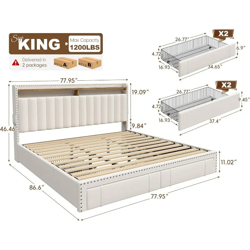 King Size Bed Frame with 4 Storage Drawers