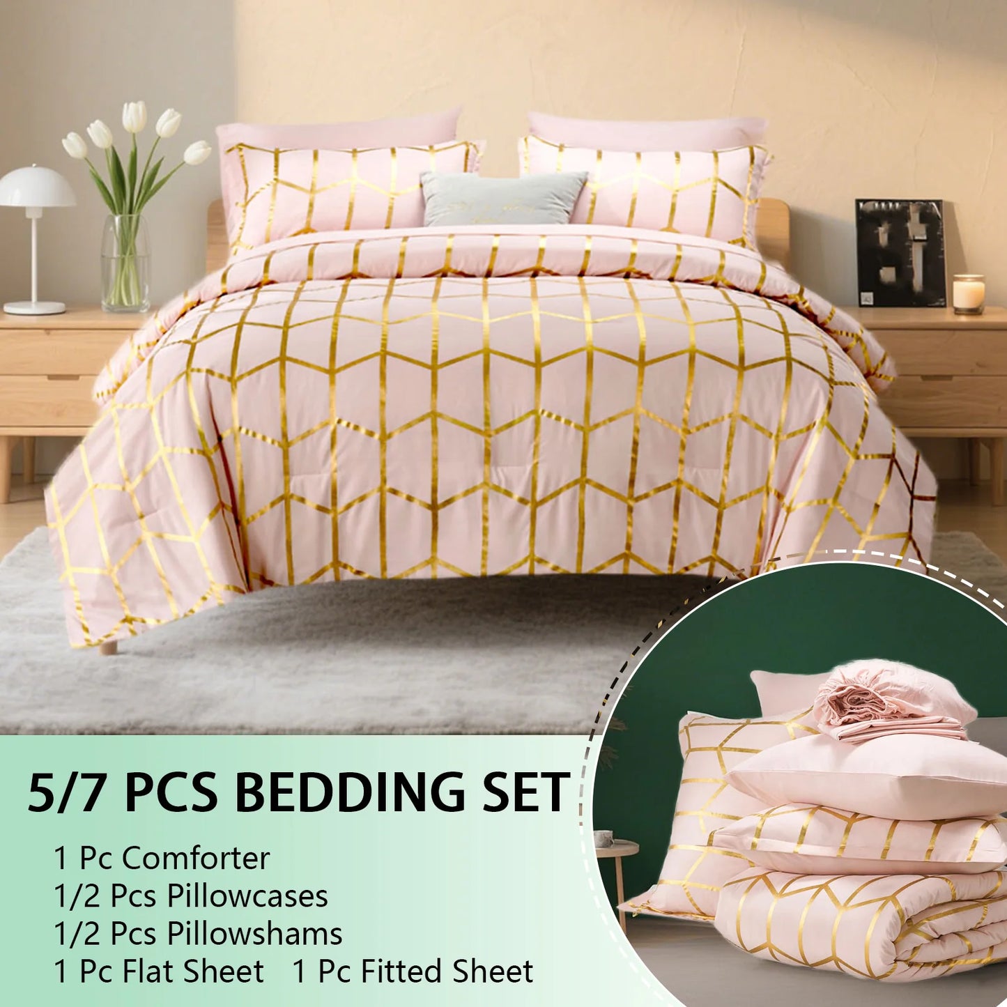 Elegant gold foil Queen Comforter Set