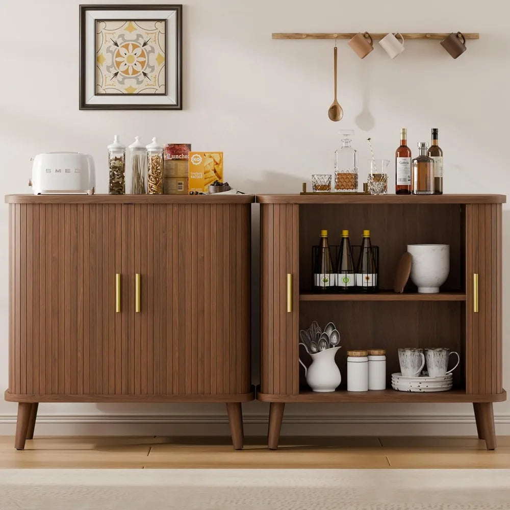 Modern walnut buffet cabinet rolling/sliding doors