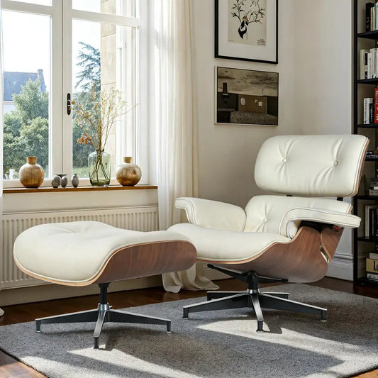 Mid-century Armchair Leather Lounge Chair, Ottoman