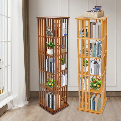 5-Tier Bamboo Rotating Bookcase,Tan/Wood Color