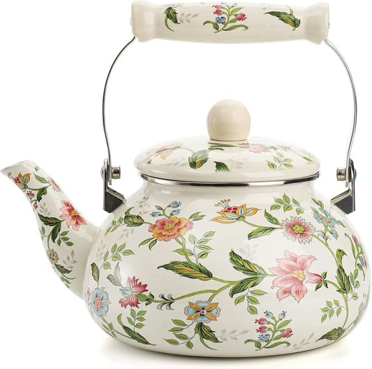 Green Floral 2.6qt Vintage Enamel Tea Kettle