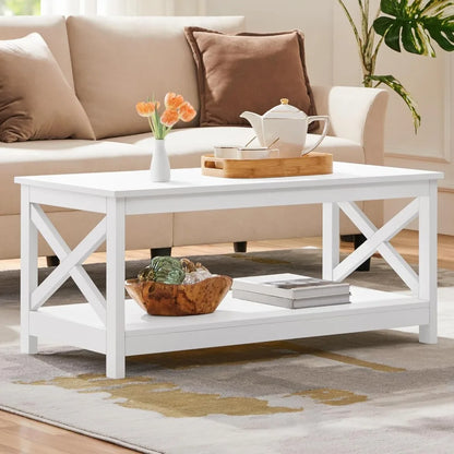 Wood 2-Tier White Coffee Table with Storage