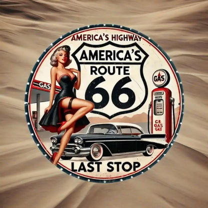Round Vintage Route 66 Metal Sign Art