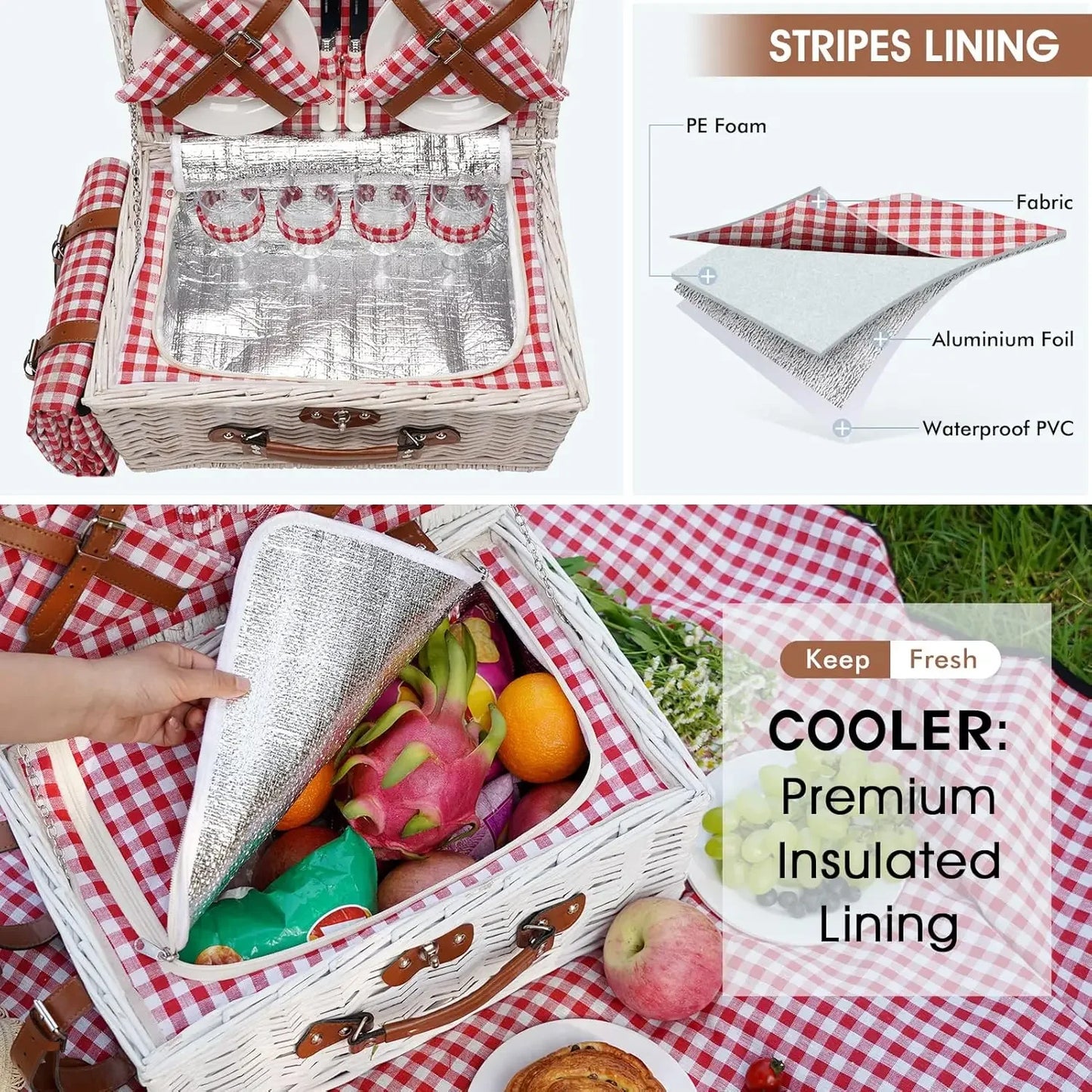 Insulated Picnic Basket Cooler Set for 4