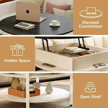 Round lift-top hidden compartment coffee table