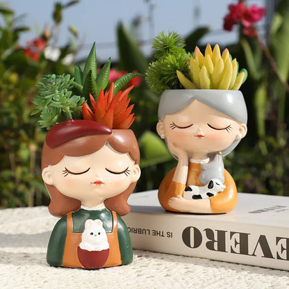 Cute Girl Small Plant Pot Resin Succulent Planter