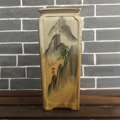 Hand Carved Ceramic Bonsai Pot with Base