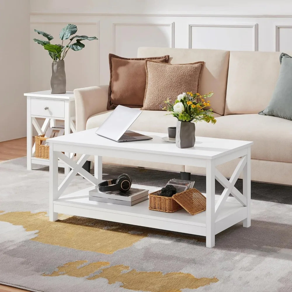 Wood 2-Tier White Coffee Table with Storage