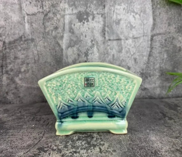 Hand Carved Ceramic Bonsai Pot with Base