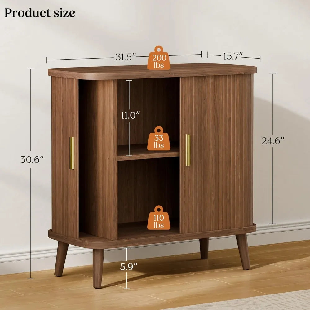 Modern walnut buffet cabinet rolling/sliding doors