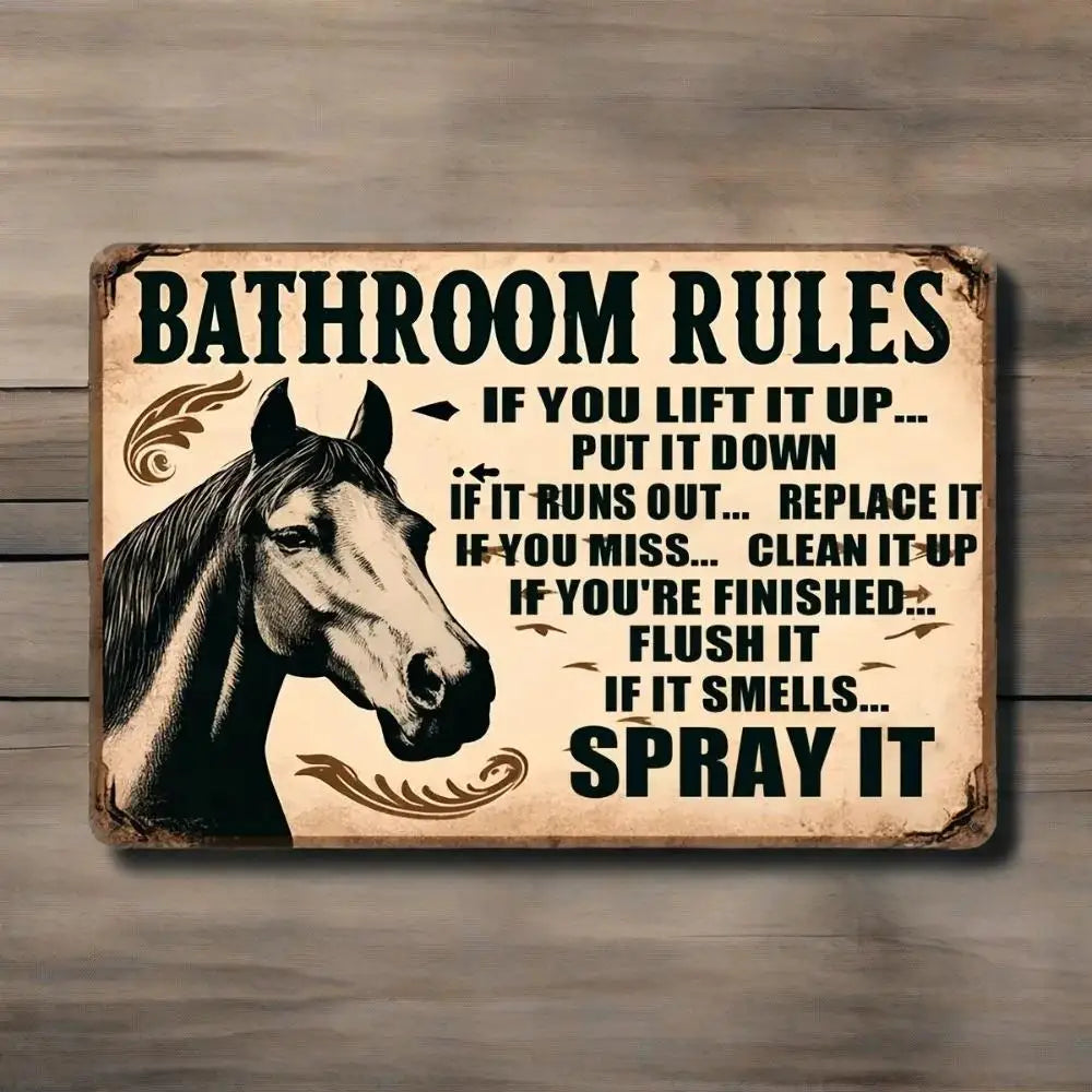 Vintage Horse Illustration Bathroom Rules Tin Sign