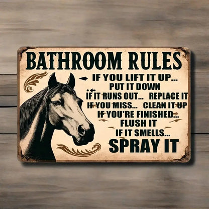 Vintage Horse Illustration Bathroom Rules Tin Sign