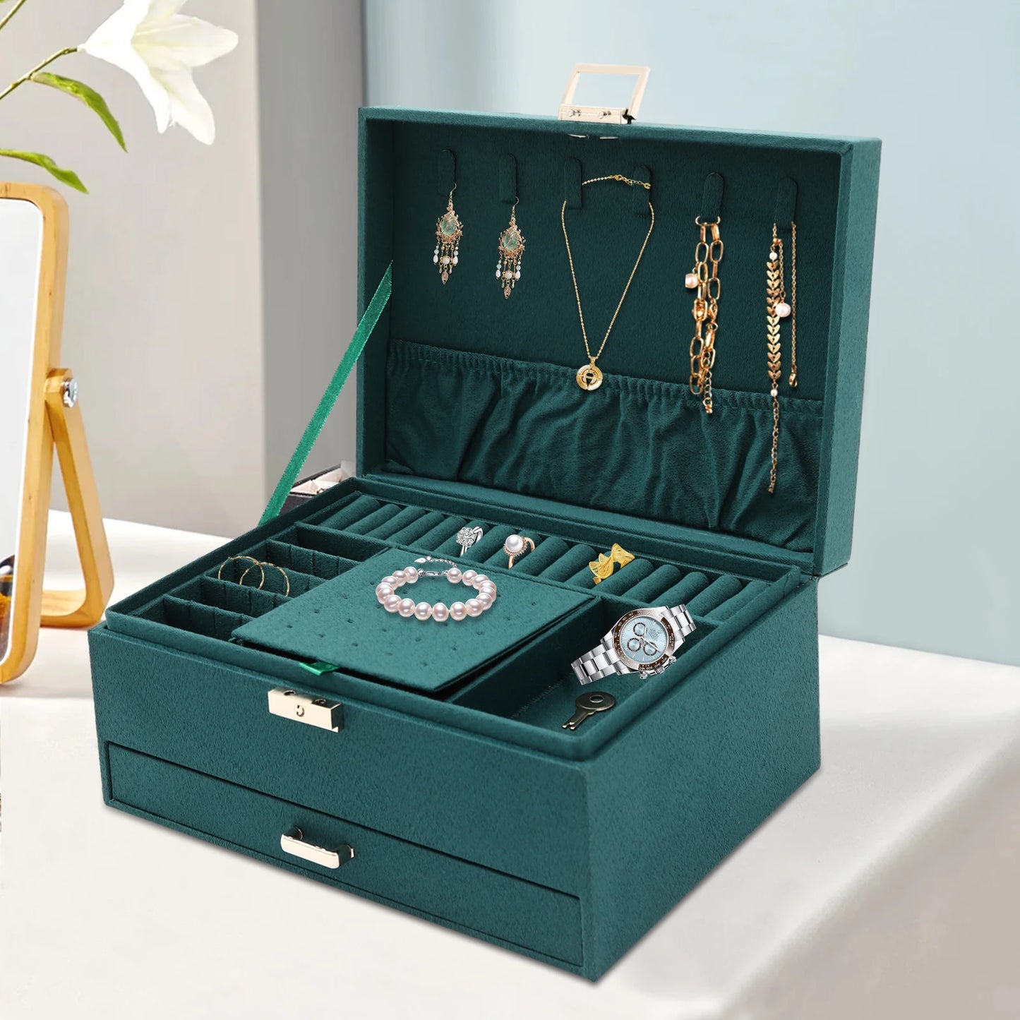 3Tier Large Capacity Jewelry Box with Safety Lock