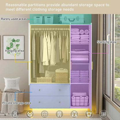 3-Door Wardrobe w/Mirror & LED Lights, Drawers & Shelves