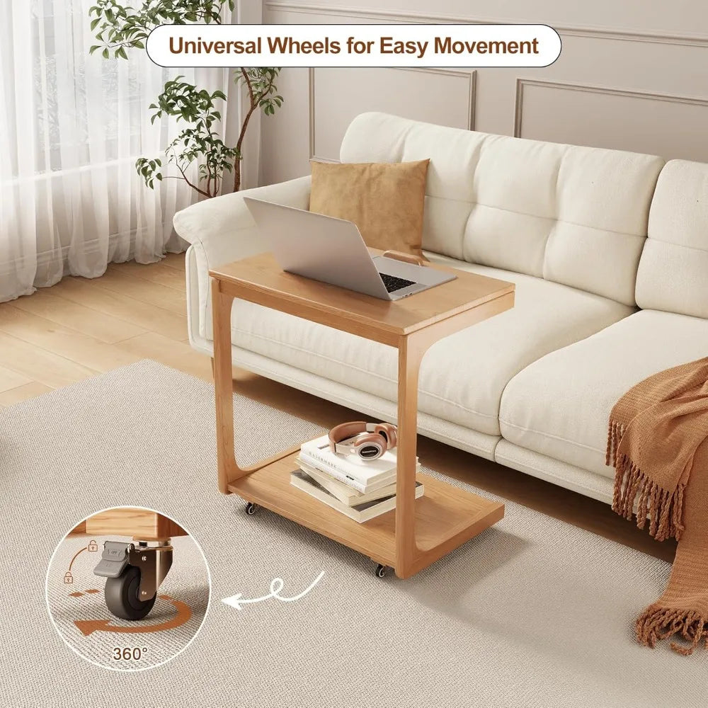 Compact Rolling C-Shaped Side Table Lockable Wheels
