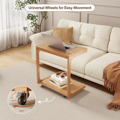 Compact Rolling C-Shaped Side Table Lockable Wheels