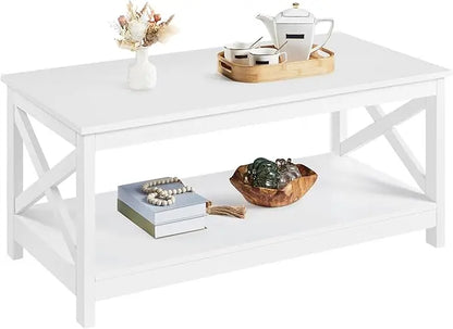Wood 2-Tier White Coffee Table with Storage