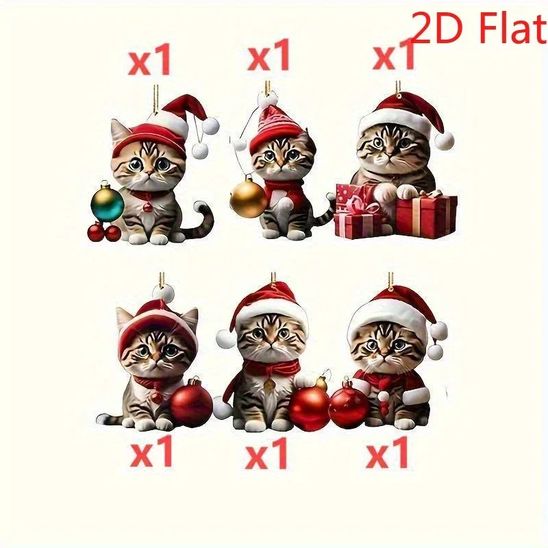 2D 6Pcs Cat Christmas Kitty Decor Ornaments