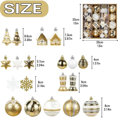 60Pc Shatterproof White Gold Assorted Christmas Ornaments