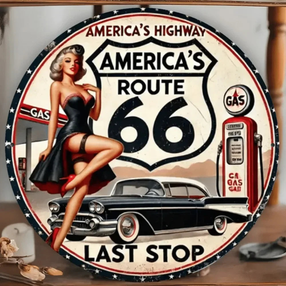 Round Vintage Route 66 Metal Sign Art