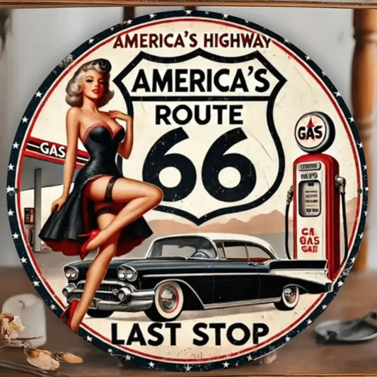 Round Vintage Route 66 Metal Sign Art