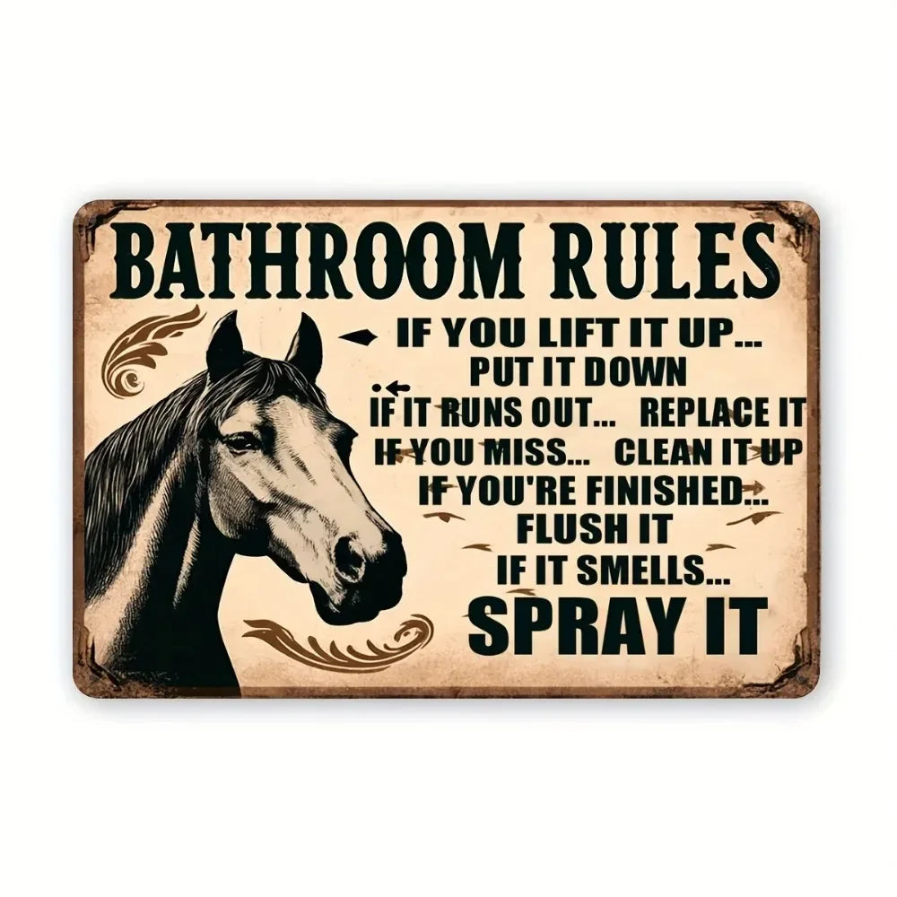 Vintage Horse Illustration Bathroom Rules Tin Sign