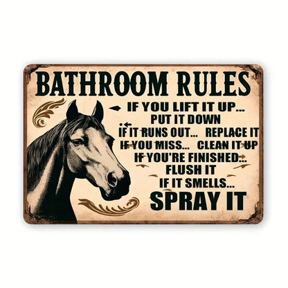 Vintage Horse Illustration Bathroom Rules Tin Sign