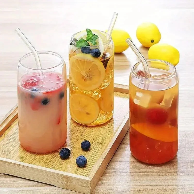 Drinking Glasses with Bamboo Lids, Glass Straw
