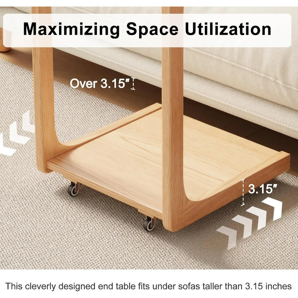 Compact Rolling C-Shaped Side Table Lockable Wheels