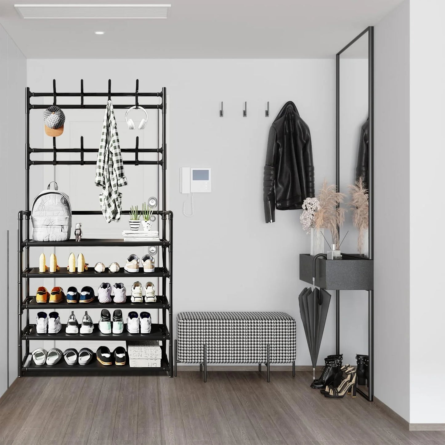 Freestanding Metal Coat Shoe Rack Hall Tree 3-in-1