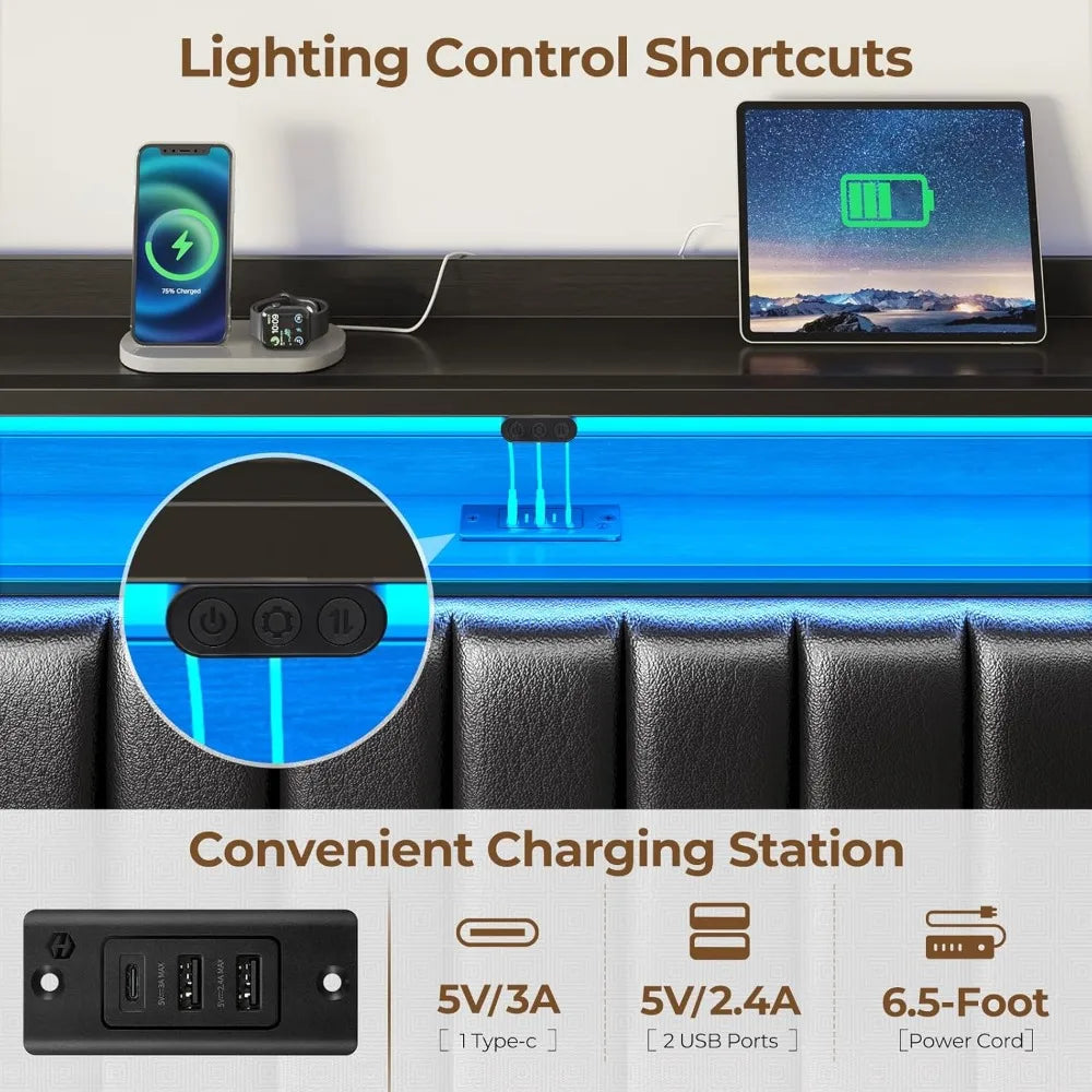 Queen Bed Headboard Storage Adjustable USB Ports