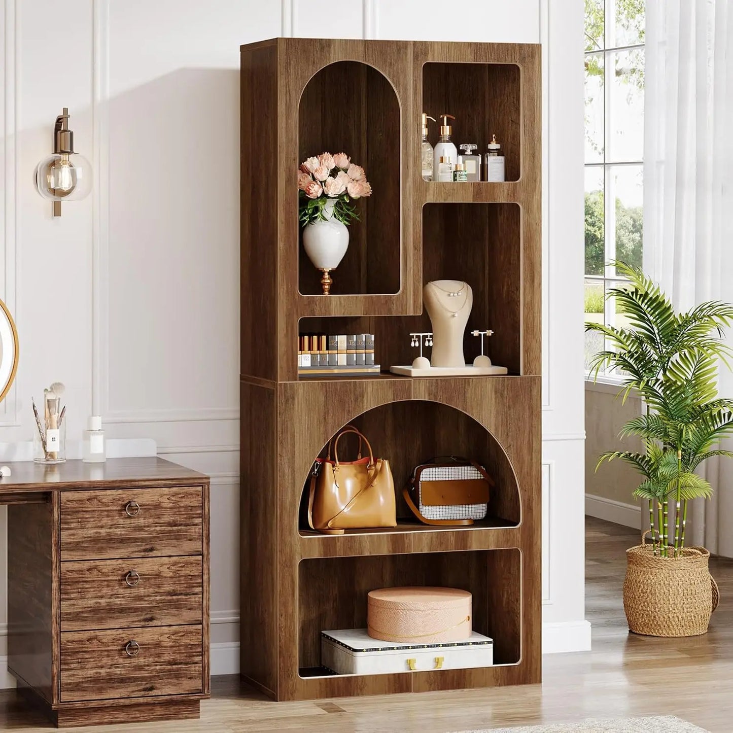 White Arched Bookcase, 70.87" Tall Geometric Bookshelf