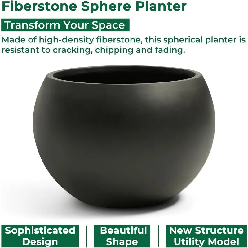 Black 16.6" Spherical Fiberstone Extra Large Planter